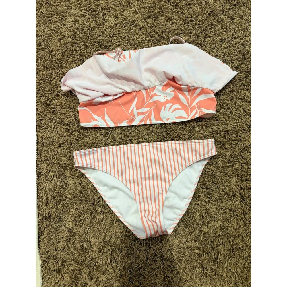 Roxy Girl Kids Size 14 Two Piece Bikini Swimsuit Coral White Floral Striped